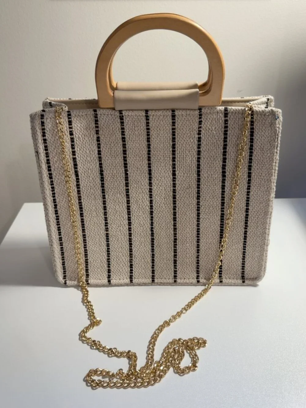 Isaac Mizrahi Striped Woven Wood Handle Chain Shoulder Bag